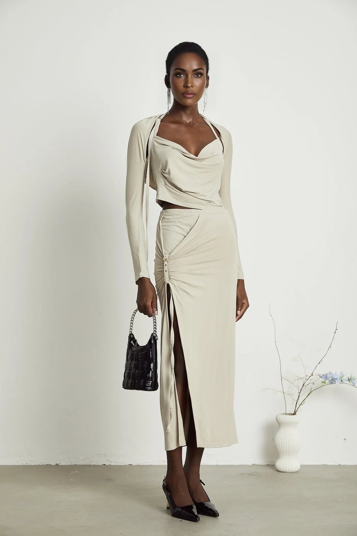 Annalisa Top & Skirt Set - Layered Construction - Cut - Out Design - Adjustable Halter Strap - Side Slit - Gathered Effect