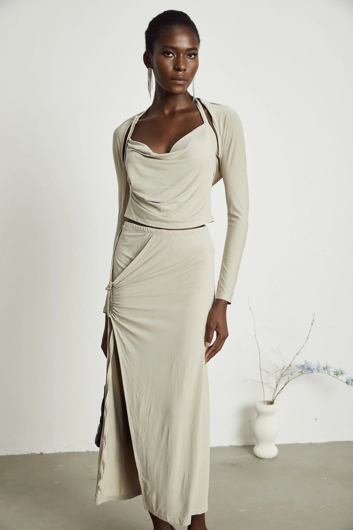 Annalisa Top & Skirt Set - Layered Construction - Cut - Out Design - Adjustable Halter Strap - Side Slit - Gathered Effect