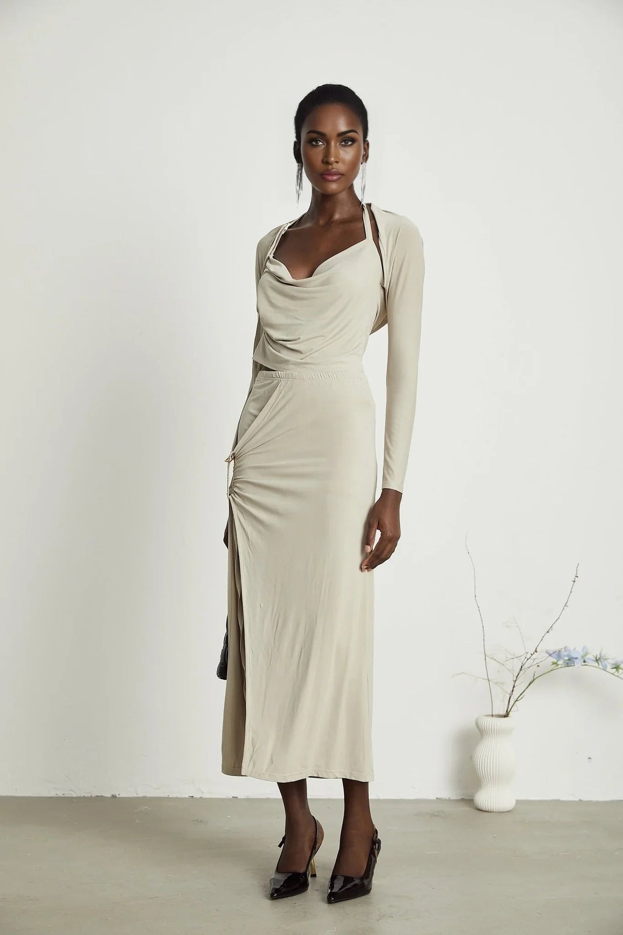 Annalisa Top & Skirt Set - Layered Construction - Cut - Out Design - Adjustable Halter Strap - Side Slit - Gathered Effect