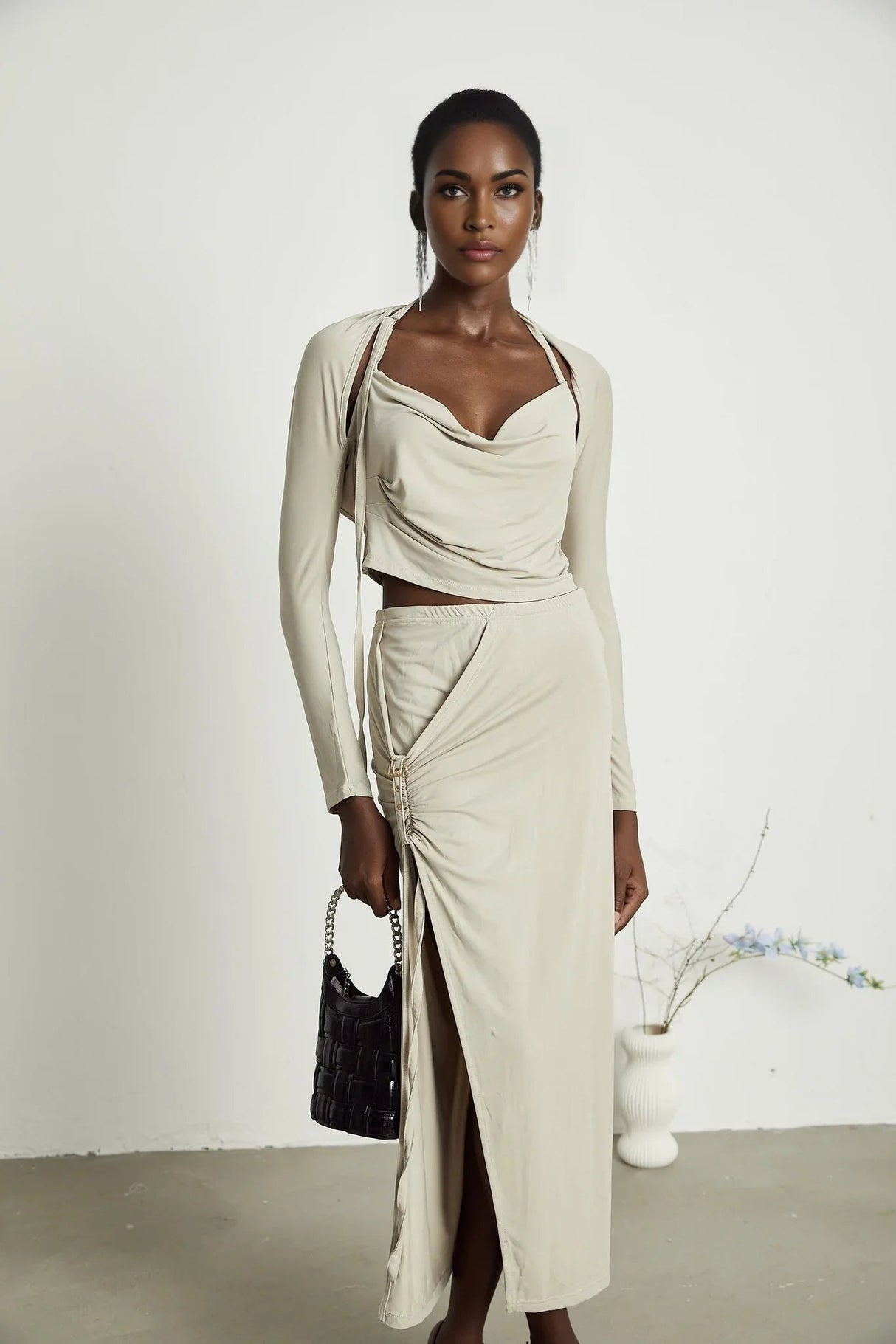 Annalisa Top & Skirt Set - Layered Construction - Cut - Out Design - Adjustable Halter Strap - Side Slit - Gathered Effect