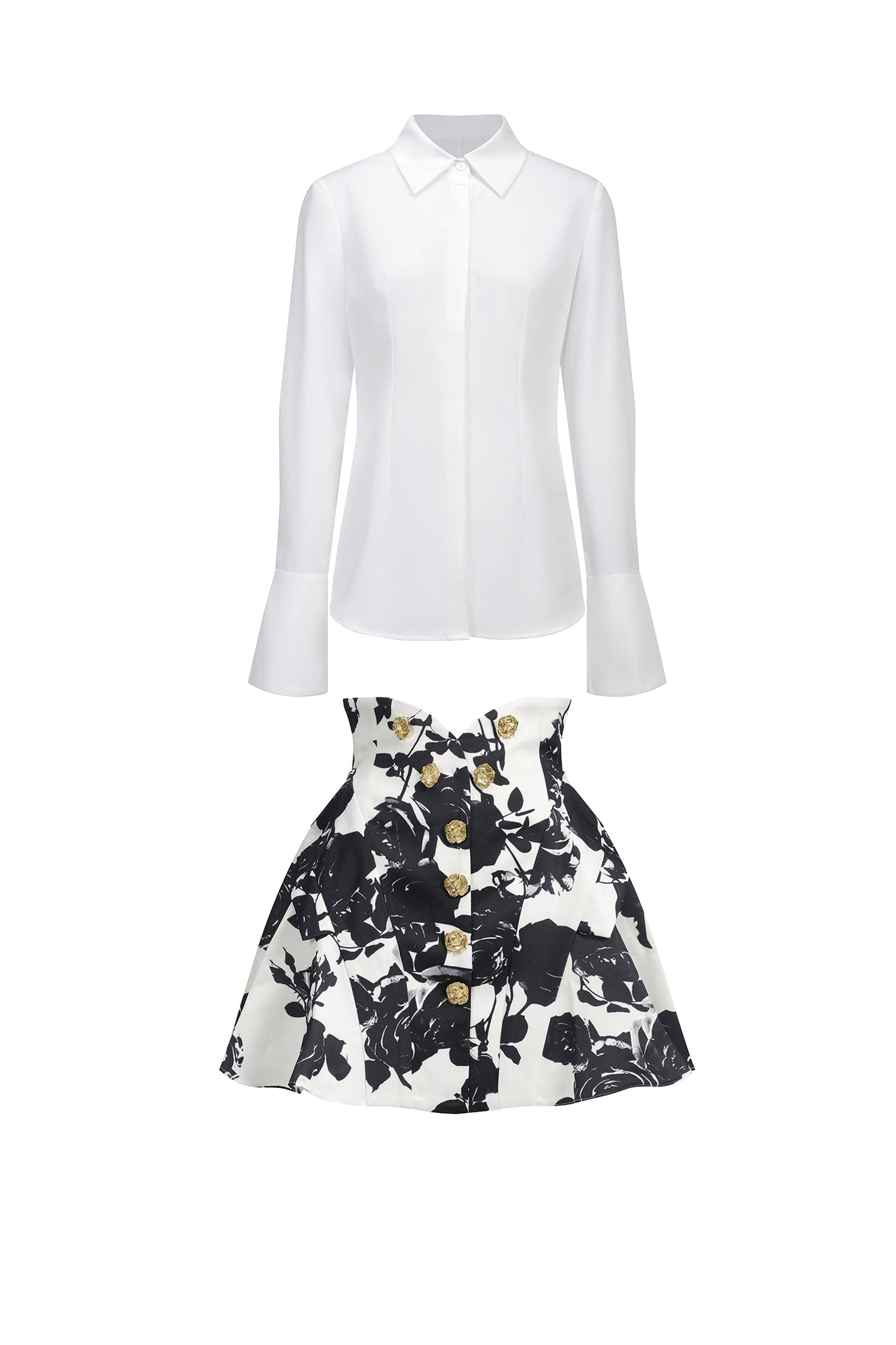 Annalisa White Long Sleeve Shirt and Floral Print Flared Skirt Two-Piece Set