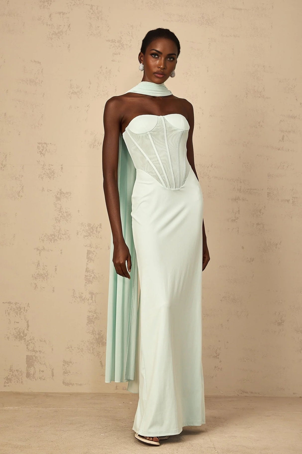 Annamaria Maxi Dress Mint Green Corset & Tulle Detail