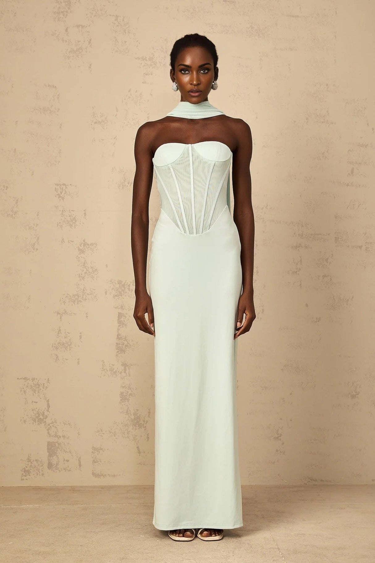 Annamaria Maxi Dress Mint Green Corset & Tulle Detail