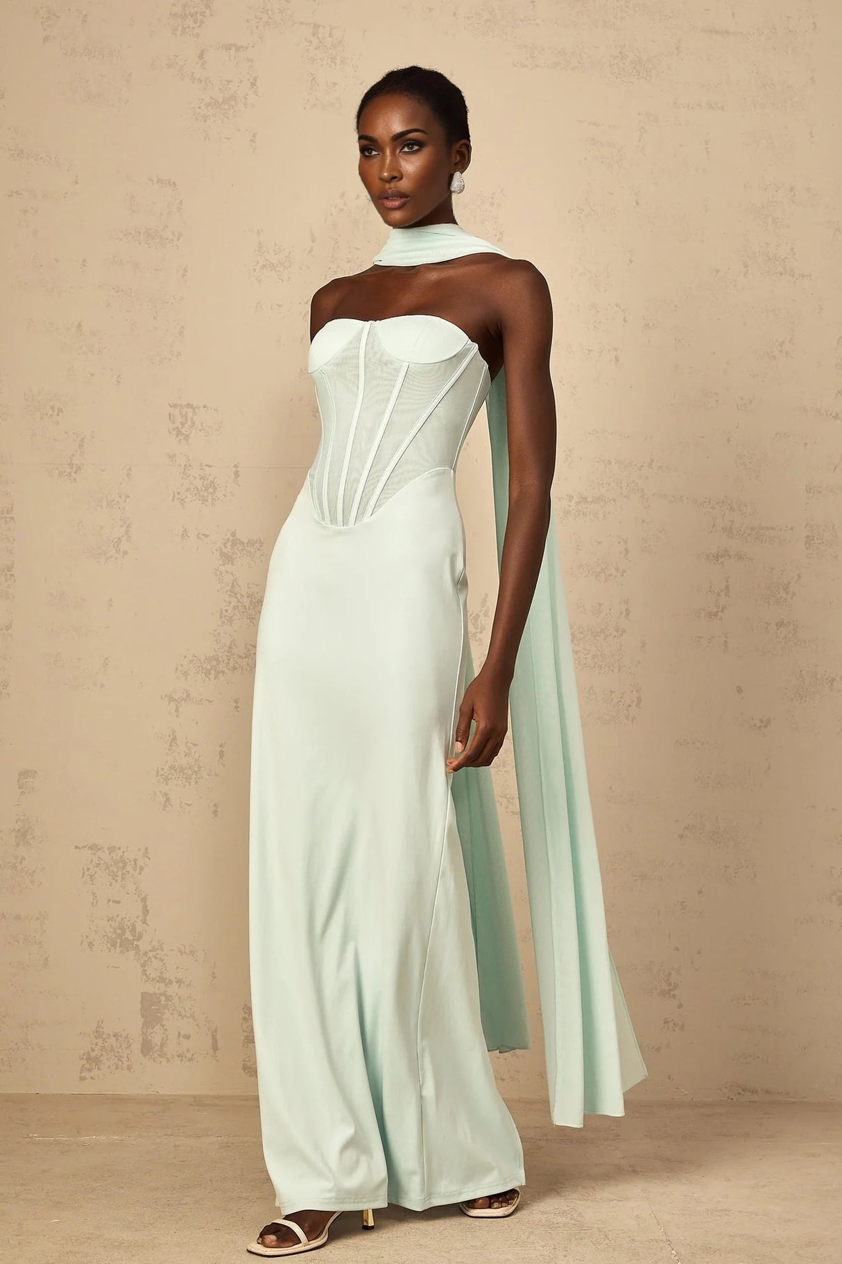 Annamaria Maxi Dress Mint Green Corset & Tulle Detail