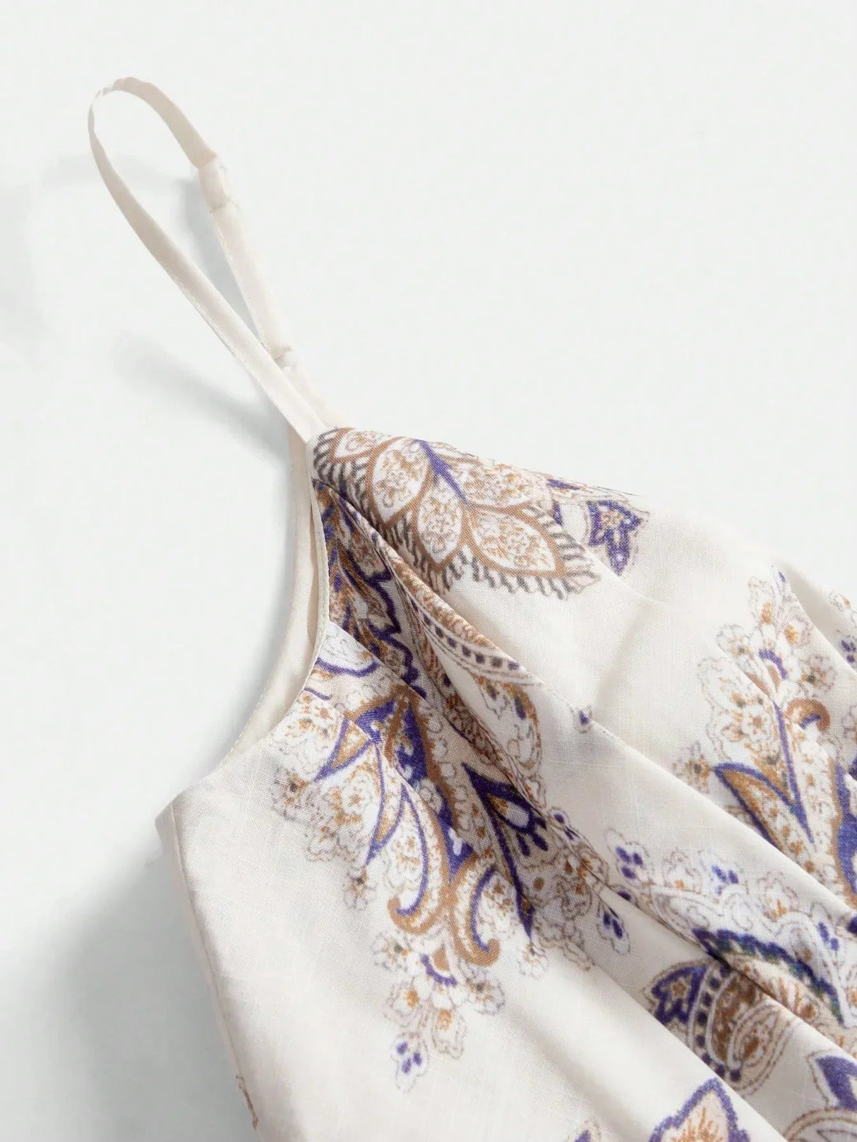 Annamaria Midi Dress - Spaghetti Strap - Flared Hem - High Waist - Contrast Lace - Paisley & Plants