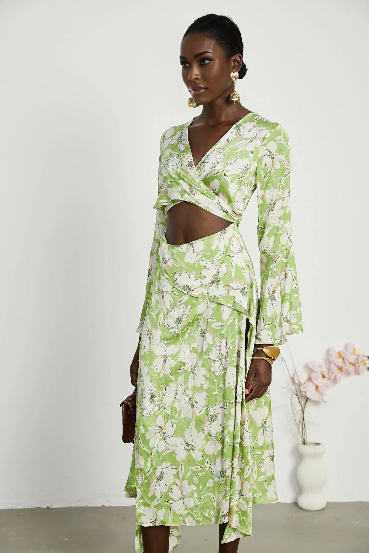 Annetta Floral Midi Dress - Long Sleeves - V - Neckline - Crystal Embellishments - Front Slit