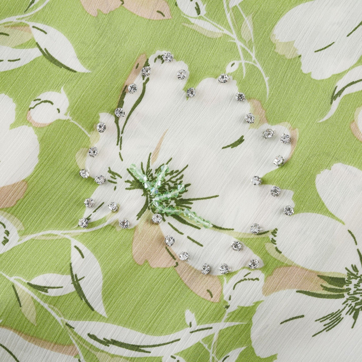 Annetta Floral Midi Dress - Long Sleeves - V - Neckline - Crystal Embellishments - Front Slit