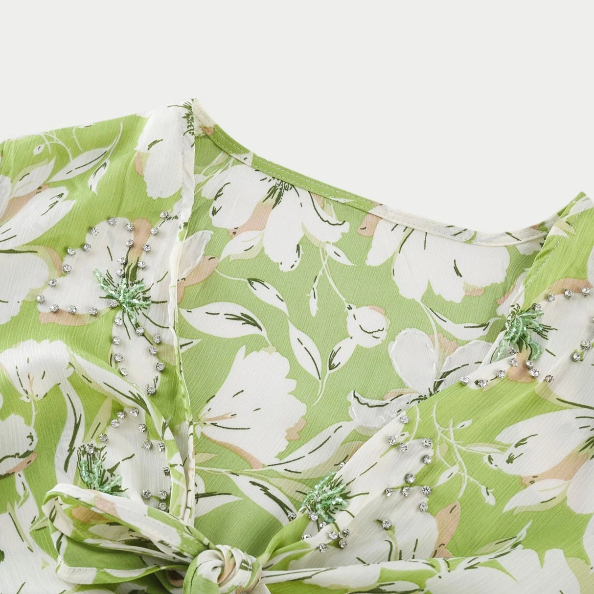 Annetta Floral Midi Dress - Long Sleeves - V - Neckline - Crystal Embellishments - Front Slit