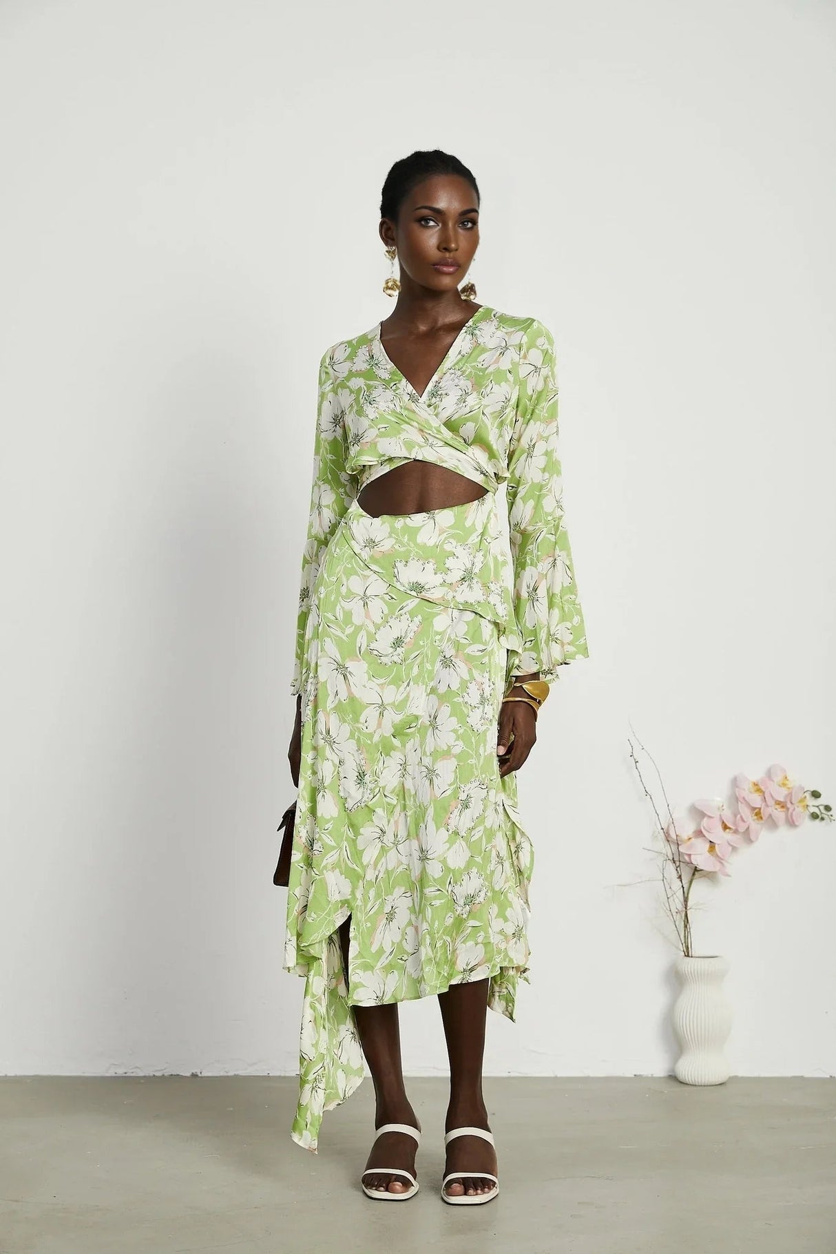 Annetta Floral Midi Dress - Long Sleeves - V - Neckline - Crystal Embellishments - Front Slit