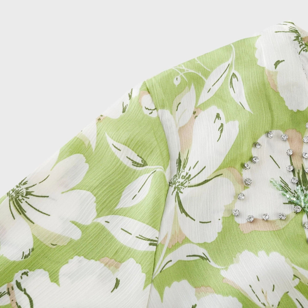 Annetta Floral Midi Dress - Long Sleeves - V - Neckline - Crystal Embellishments - Front Slit