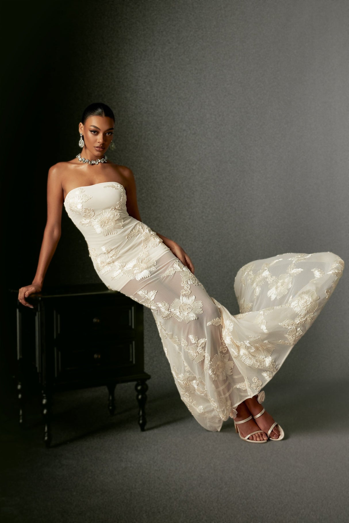 Annetta Ivory Embroidered Floral Strapless Maxi Dress for Formal Occasions and Special Celebrations