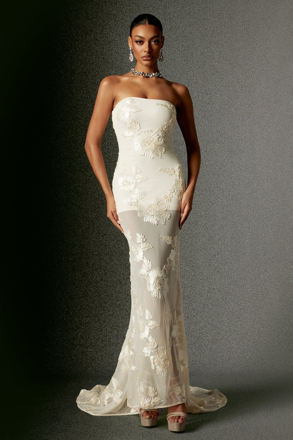 Annetta Ivory Strapless Embroidered Floral Maxi Dress