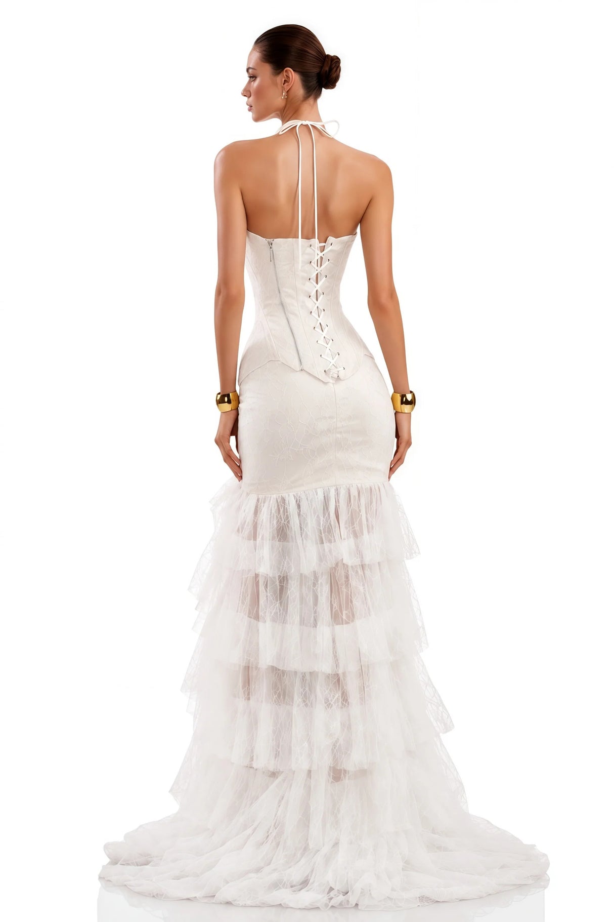 Annette White Halterneck Lace Ruffled Maxi Dress