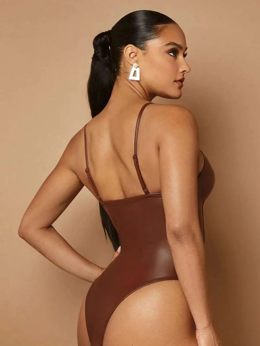 Annie Bodysuit - Pu Leather Material - Slim Fit - Medium Stretch Fabric Elasticity - Casual Style - Spaghetti Strap Neckline - Sleeveless