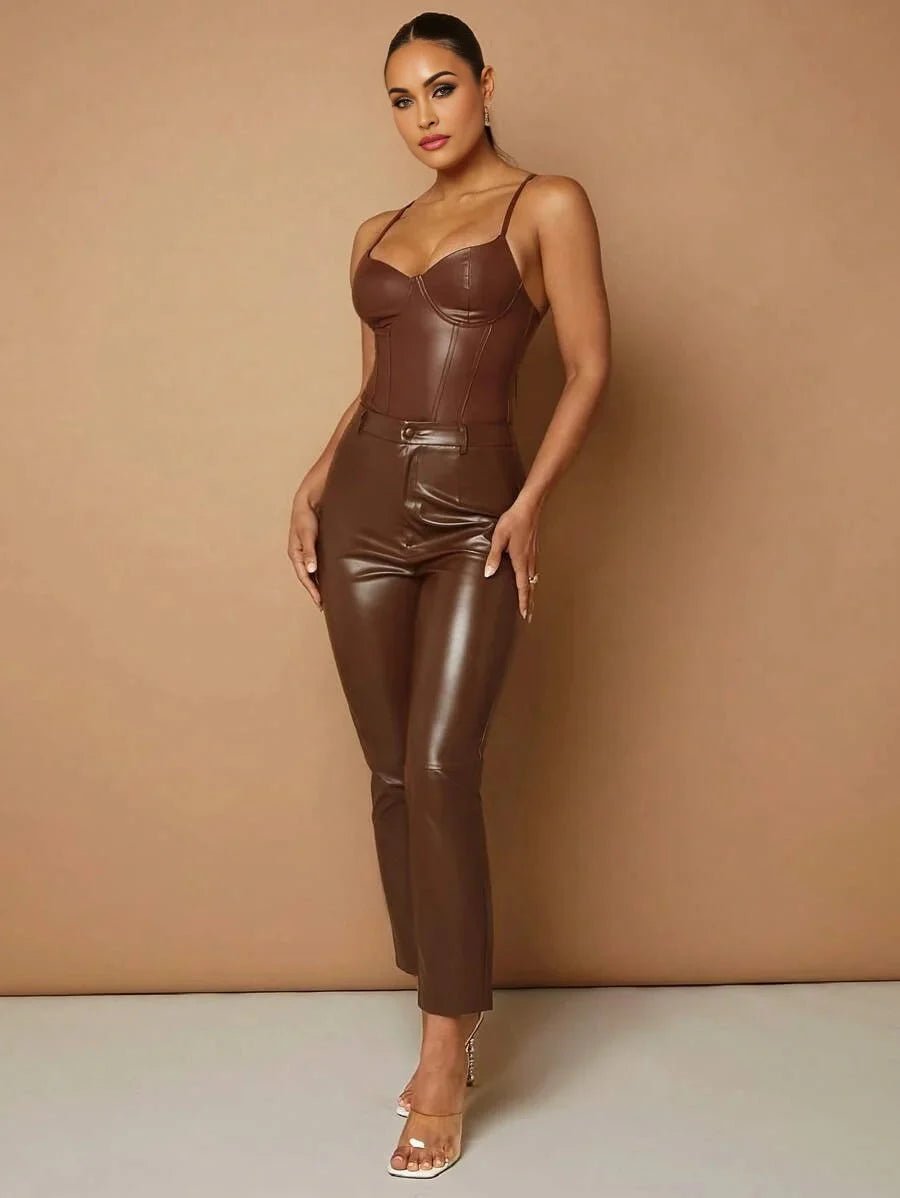 Annie Bodysuit - Pu Leather Material - Slim Fit - Medium Stretch Fabric Elasticity - Casual Style - Spaghetti Strap Neckline - Sleeveless