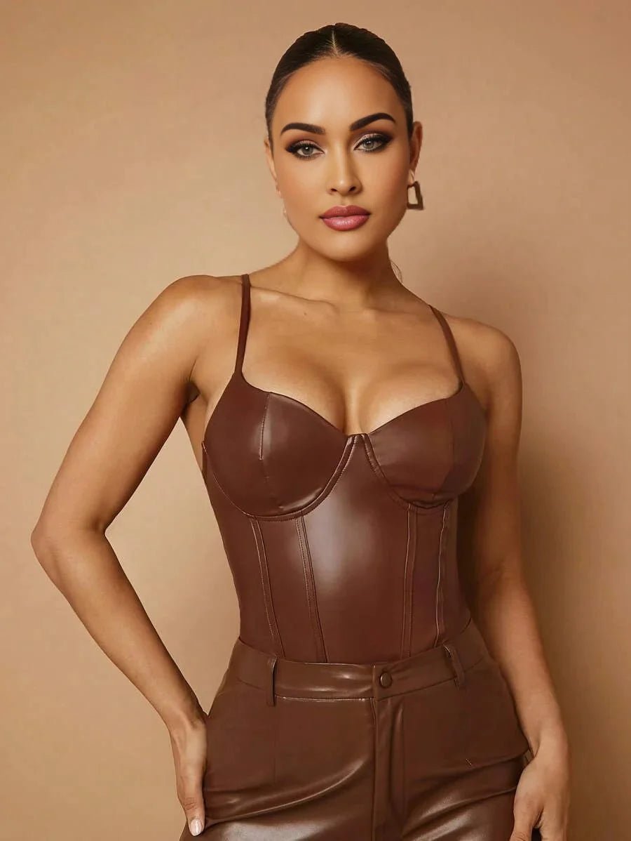 Annie Bodysuit - Pu Leather Material - Slim Fit - Medium Stretch Fabric Elasticity - Casual Style - Spaghetti Strap Neckline - Sleeveless