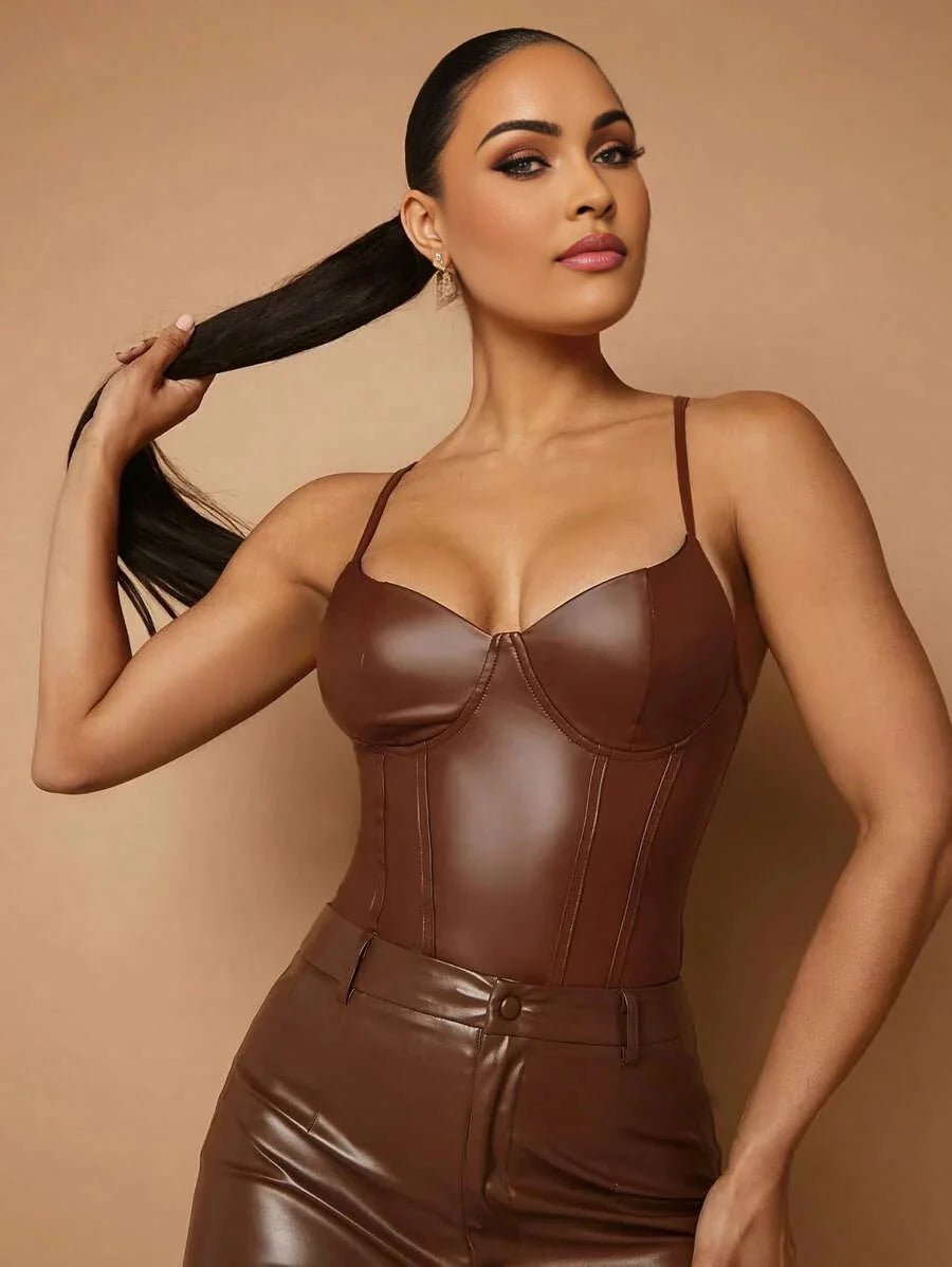 Annie Bodysuit - Pu Leather Material - Slim Fit - Medium Stretch Fabric Elasticity - Casual Style - Spaghetti Strap Neckline - Sleeveless