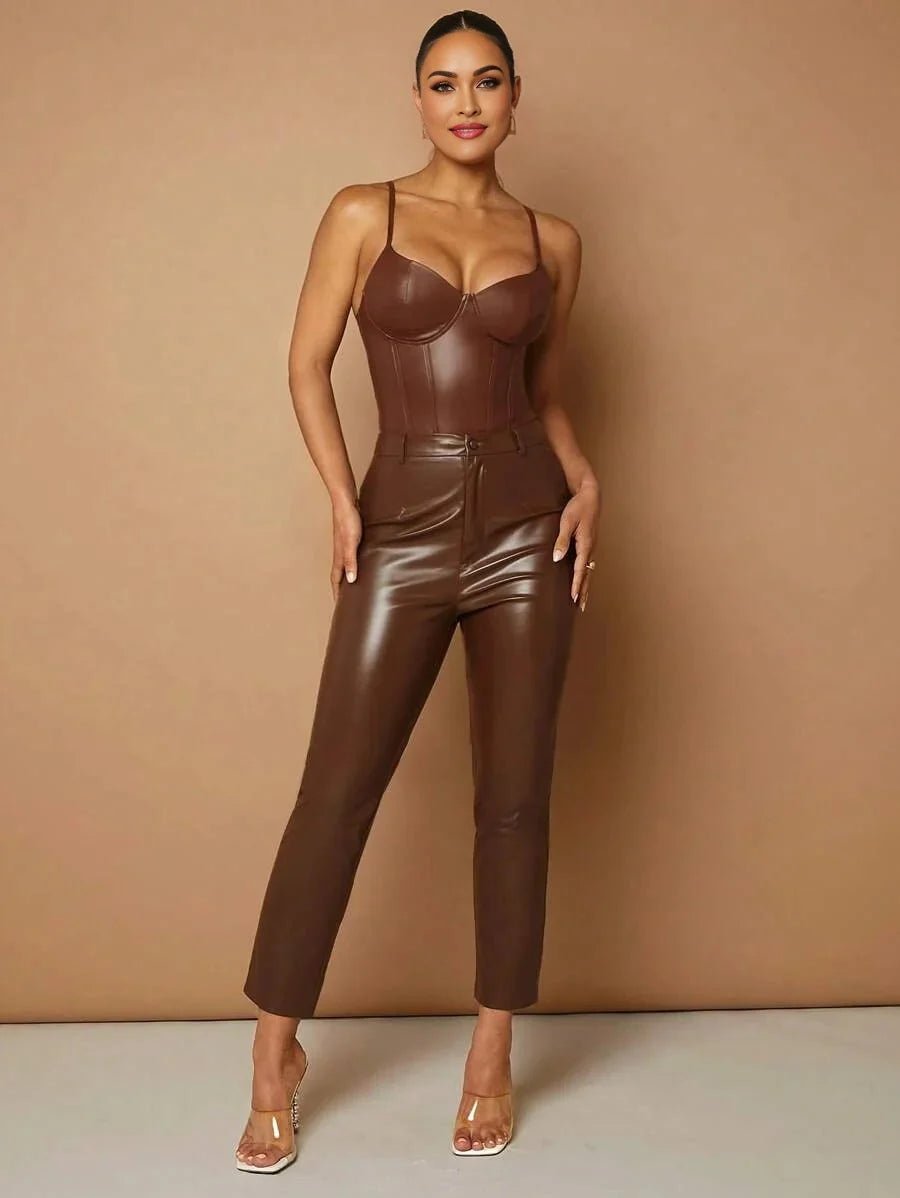 Annie Bodysuit - Pu Leather Material - Slim Fit - Medium Stretch Fabric Elasticity - Casual Style - Spaghetti Strap Neckline - Sleeveless