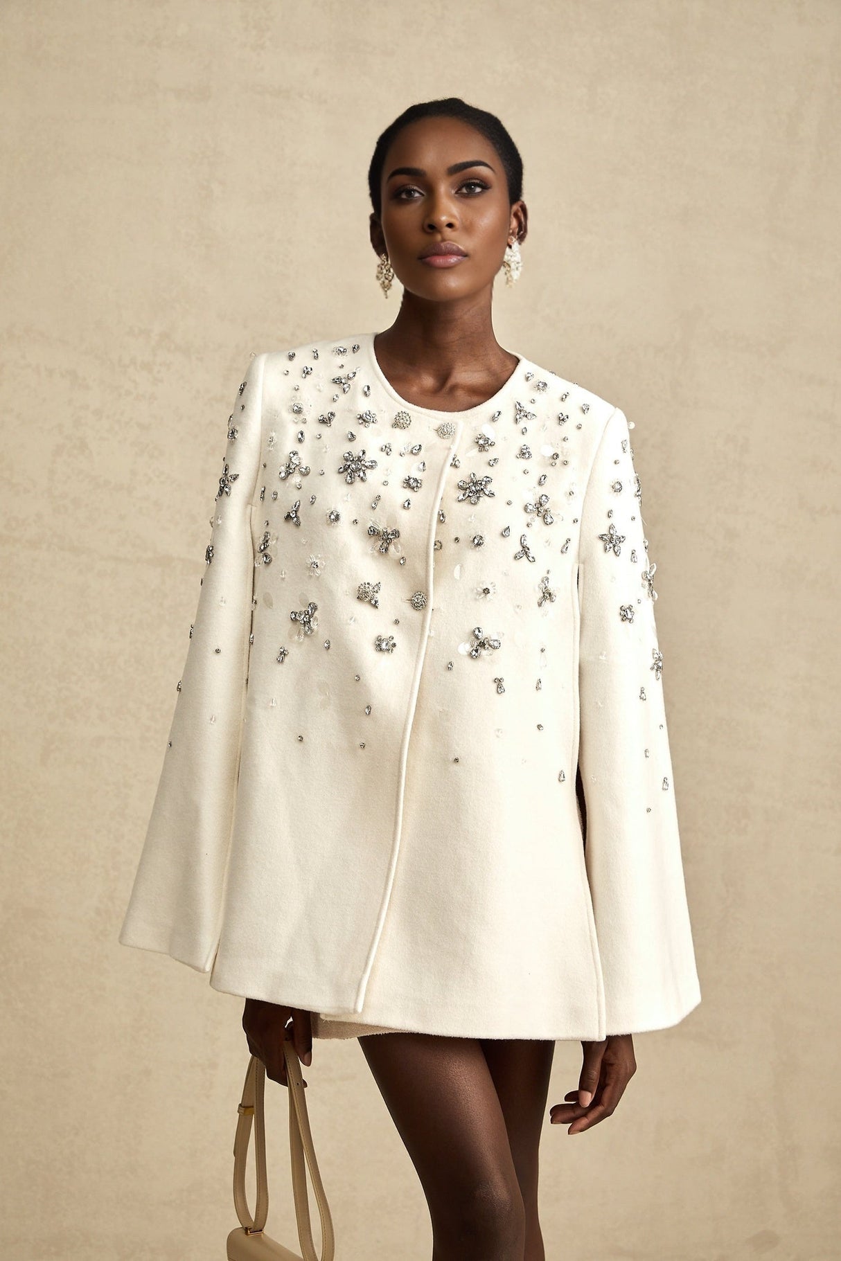 Annie Jacket - Cape Design - Crystal Embellishment - Button Fastening - Straight Hem