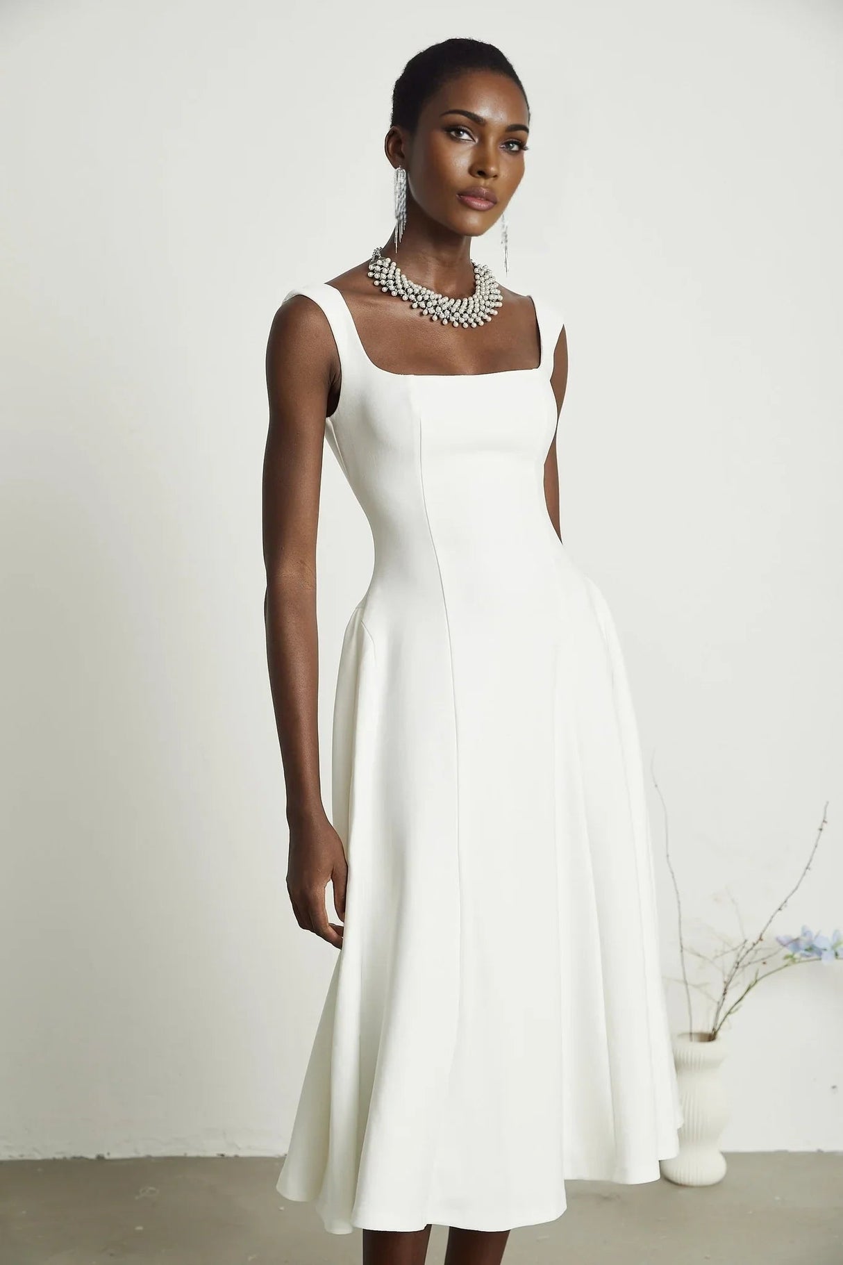 Annie Midi Dress - Square Neck - Sleeveless - Pleat Detailing - Waist Tightened Design - Flared Skirt