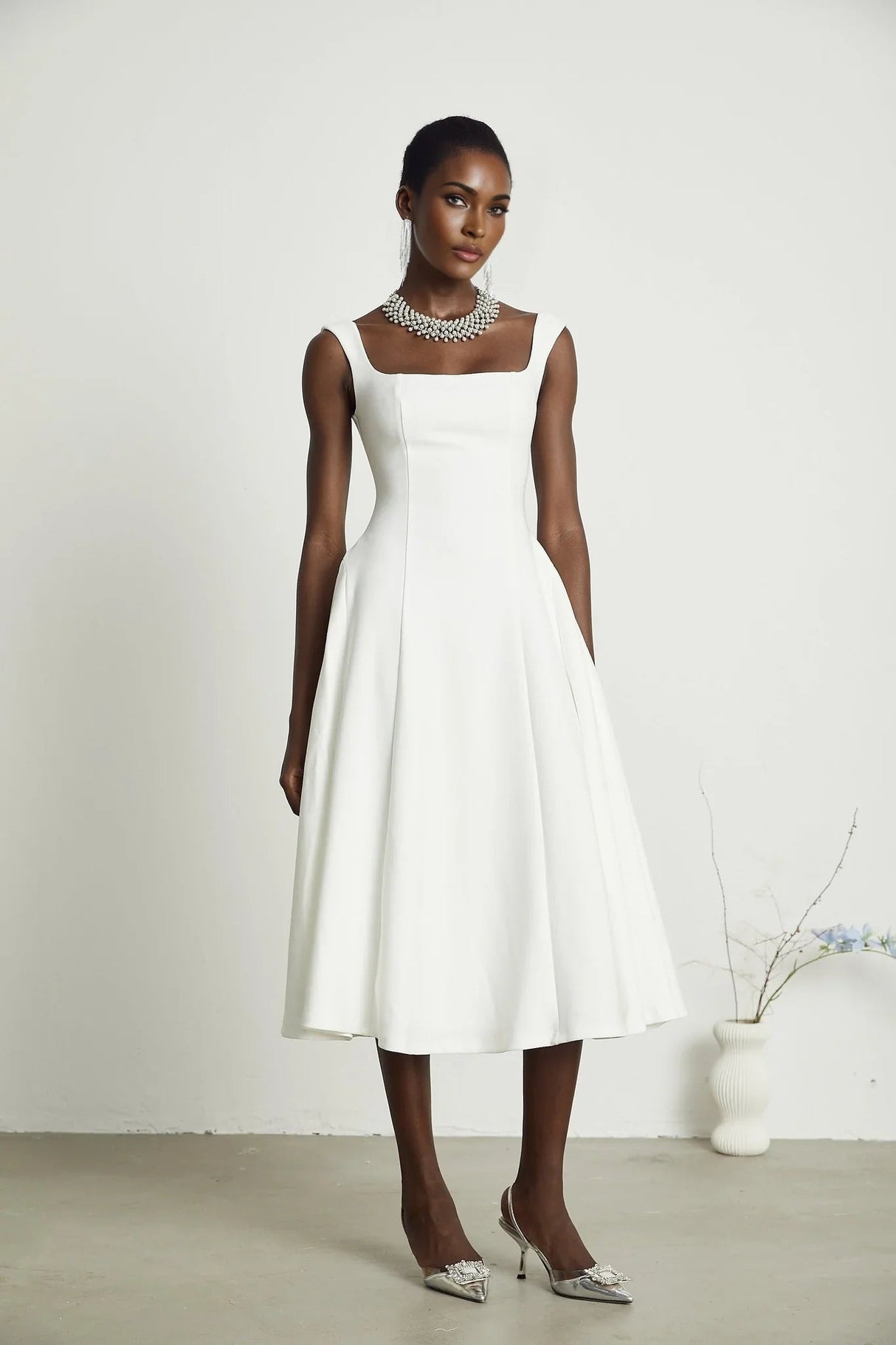 Annie Midi Dress - Square Neck - Sleeveless - Pleat Detailing - Waist Tightened Design - Flared Skirt