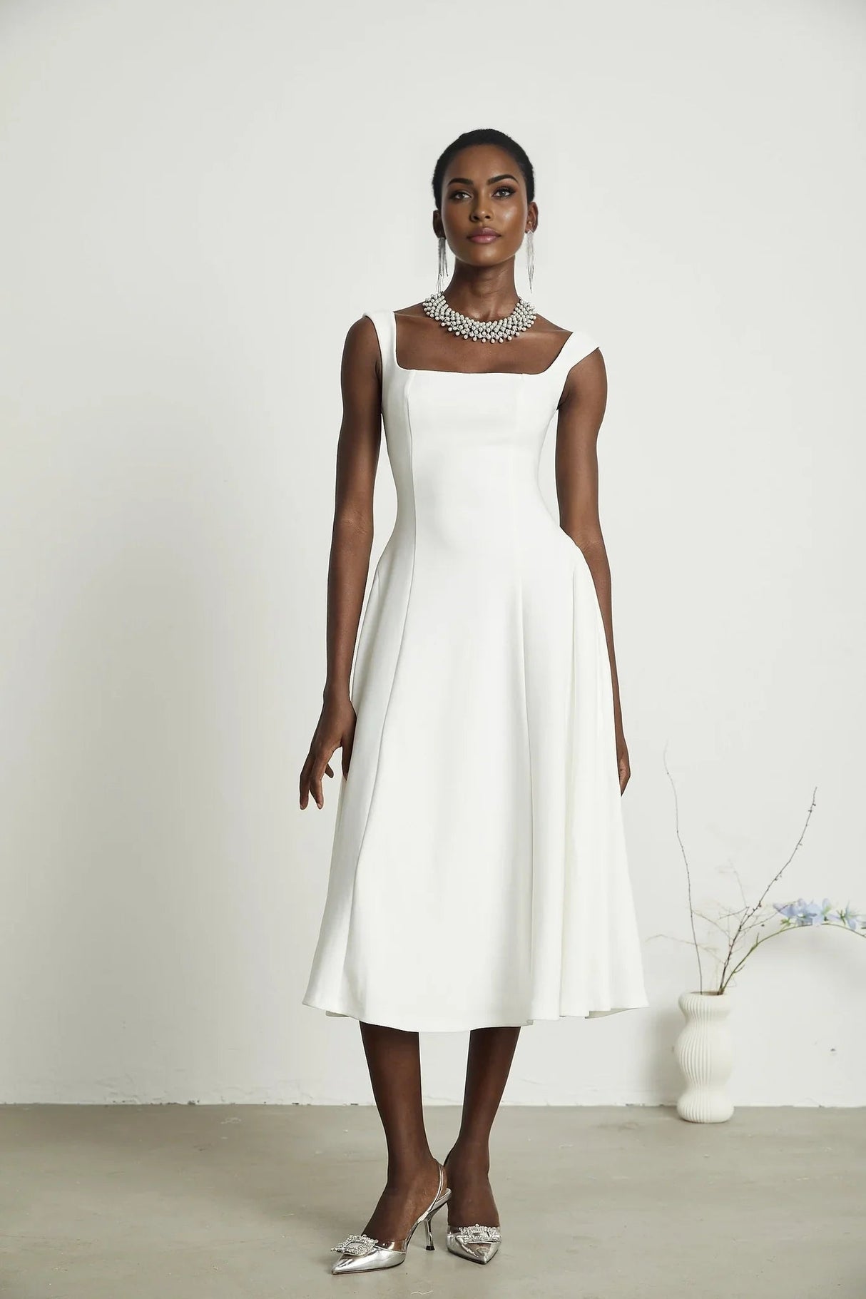 Annie Midi Dress - Square Neck - Sleeveless - Pleat Detailing - Waist Tightened Design - Flared Skirt