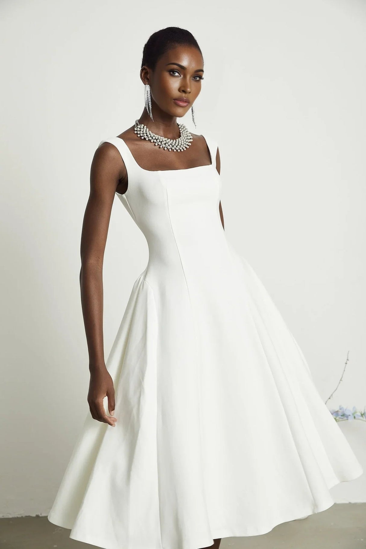 Annie Midi Dress - Square Neck - Sleeveless - Pleat Detailing - Waist Tightened Design - Flared Skirt