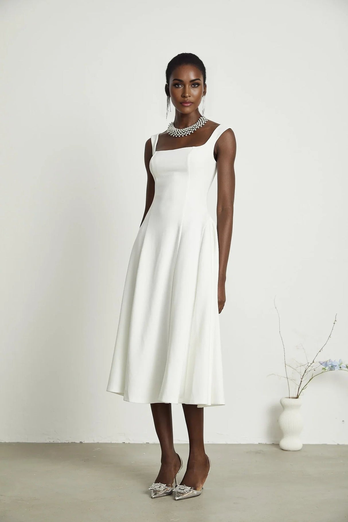 Annie Midi Dress - Square Neck - Sleeveless - Pleat Detailing - Waist Tightened Design - Flared Skirt