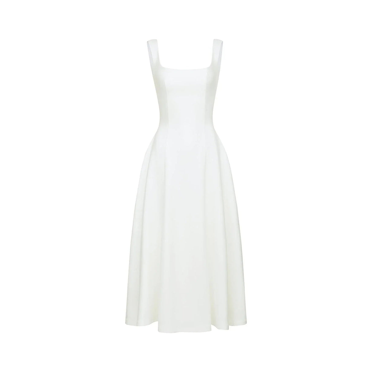 Annie Midi Dress - Square Neck - Sleeveless - Pleat Detailing - Waist Tightened Design - Flared Skirt