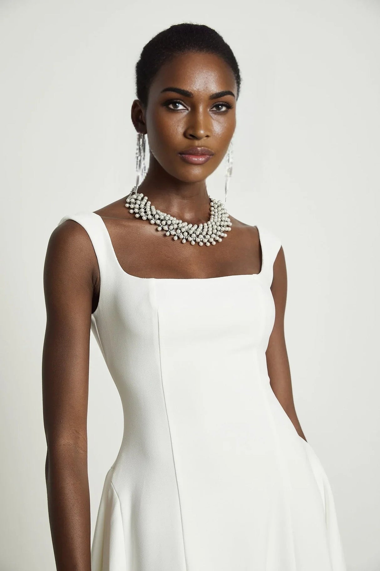 Annie Midi Dress - Square Neck - Sleeveless - Pleat Detailing - Waist Tightened Design - Flared Skirt