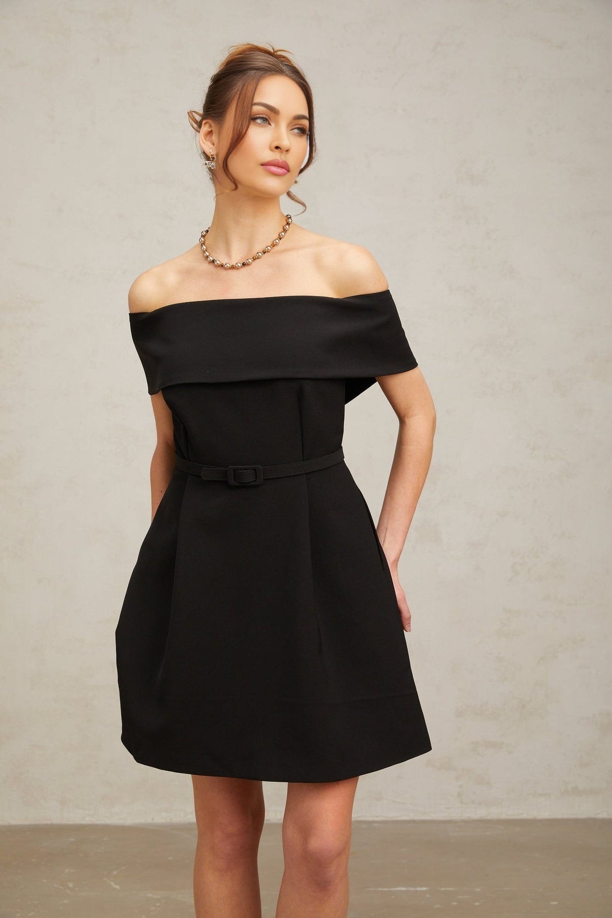 Annie Off the Shoulder Mini Dress - Belted Waist - Side Slit Pockets - Flared Skirt - Rear Zip Fastening