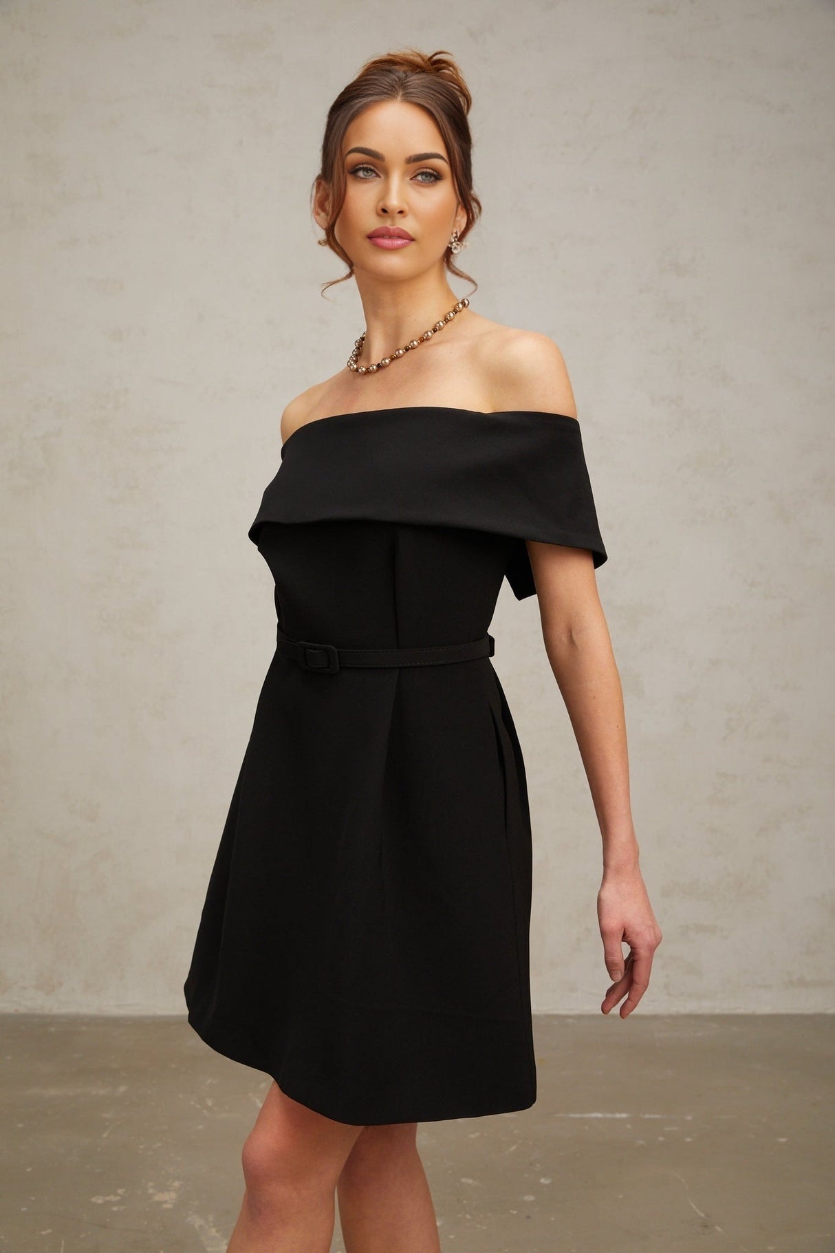 Annie Off the Shoulder Mini Dress - Belted Waist - Side Slit Pockets - Flared Skirt - Rear Zip Fastening