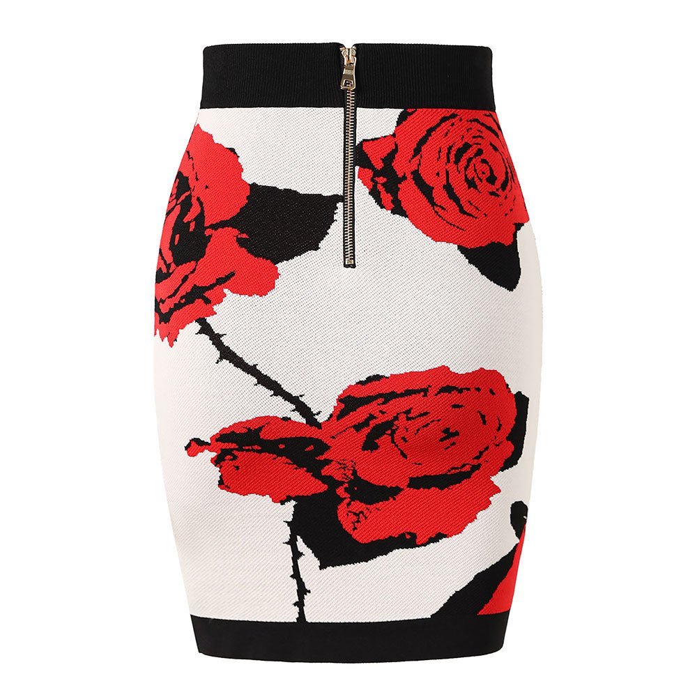 Annie Skirt - Fitted Pencil Style - Floral Pattern - Slim Silhouette - Versatile Styling - Gold - Tone Buttons