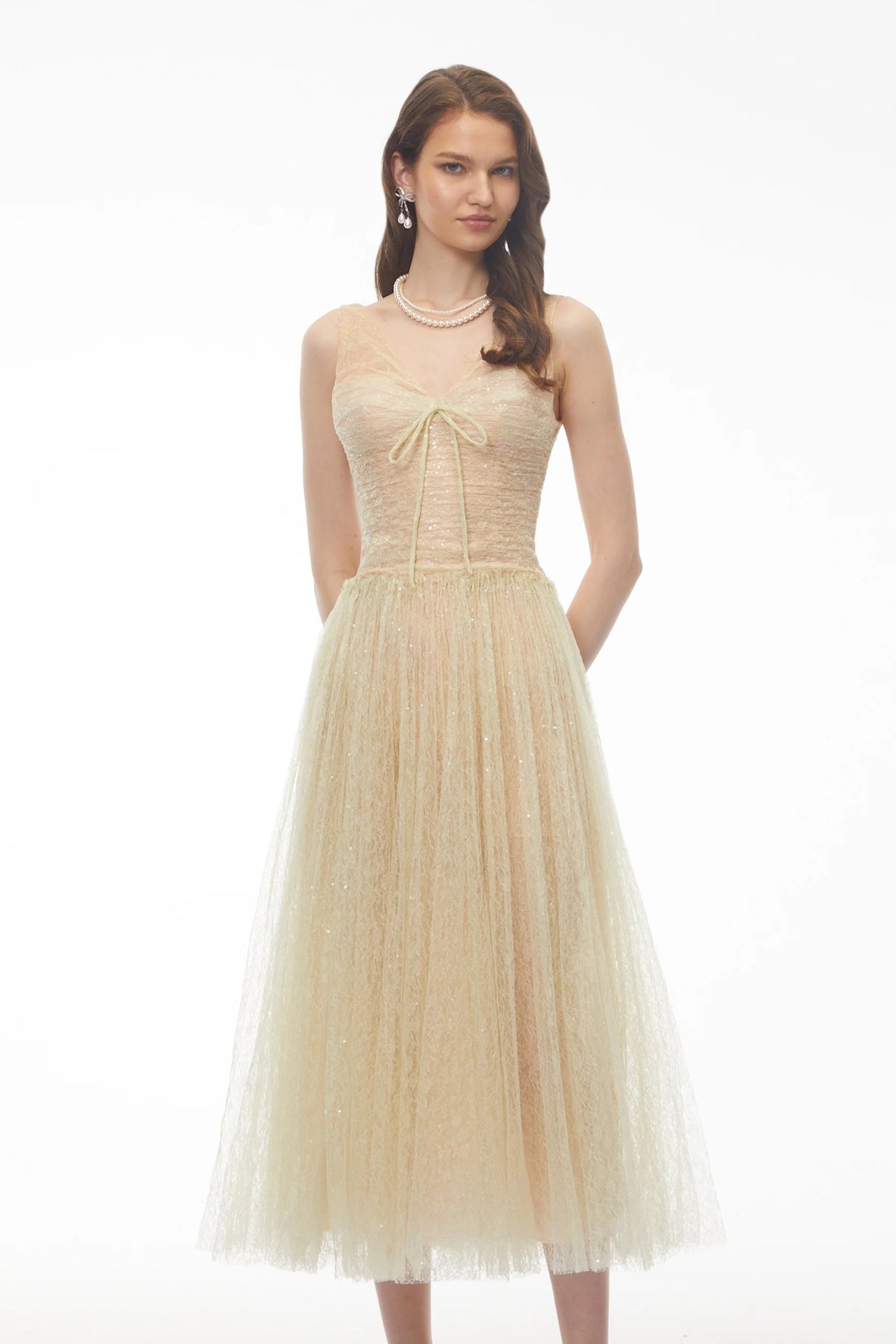 Annika Green Sequin Tulle Maxi Dress with Lace Panels