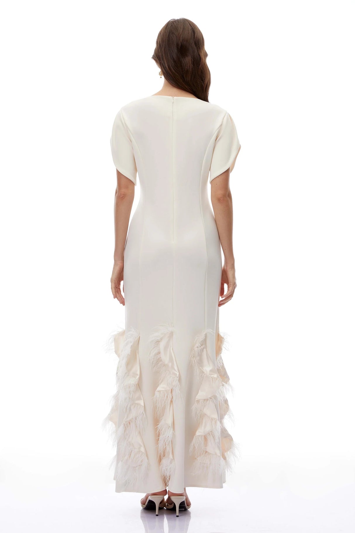 Annika White Ruffled Maxi Dress with Feather Trim