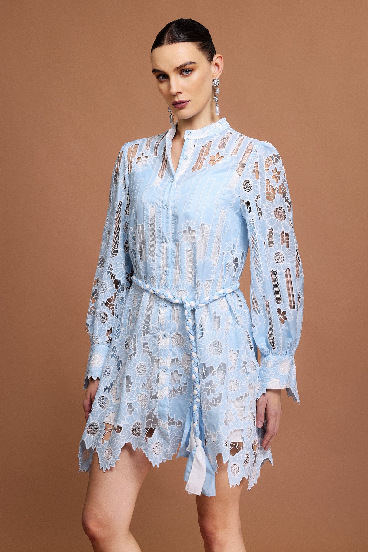 Annunziata Blue Floral Lace Button-Up Mini Dress with Sheer Long Sleeves and Cinched Waist