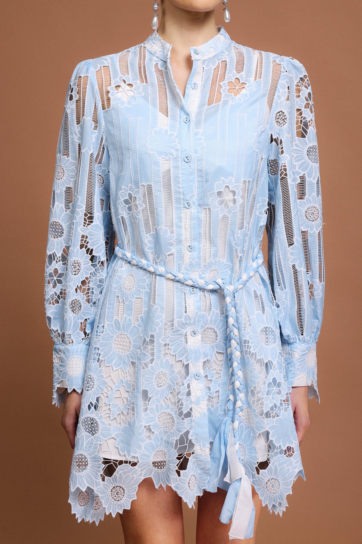 Annunziata Blue Lace Floral Mini Dress with Sheer Sleeves and Tie Belt