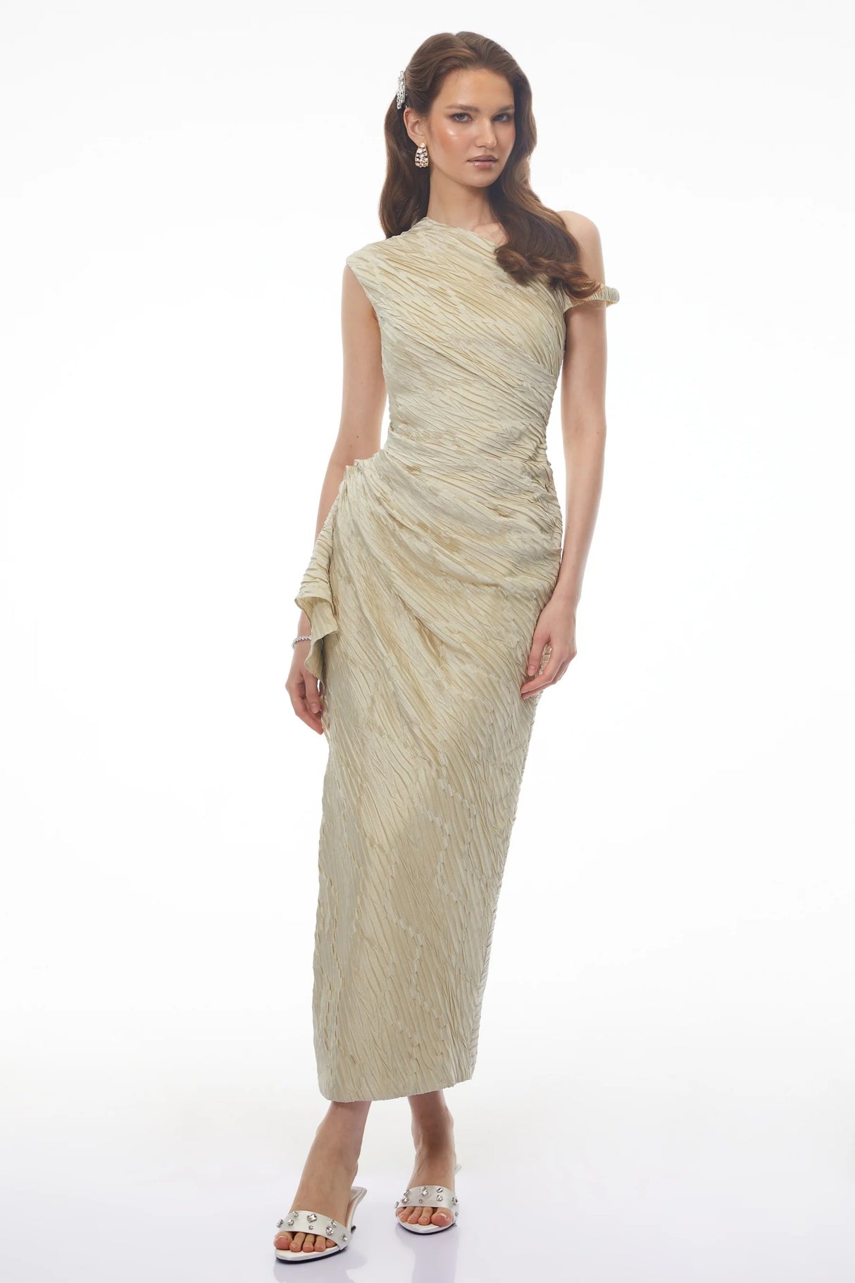 Annunziata Green Asymmetrical Ruched Maxi Dress