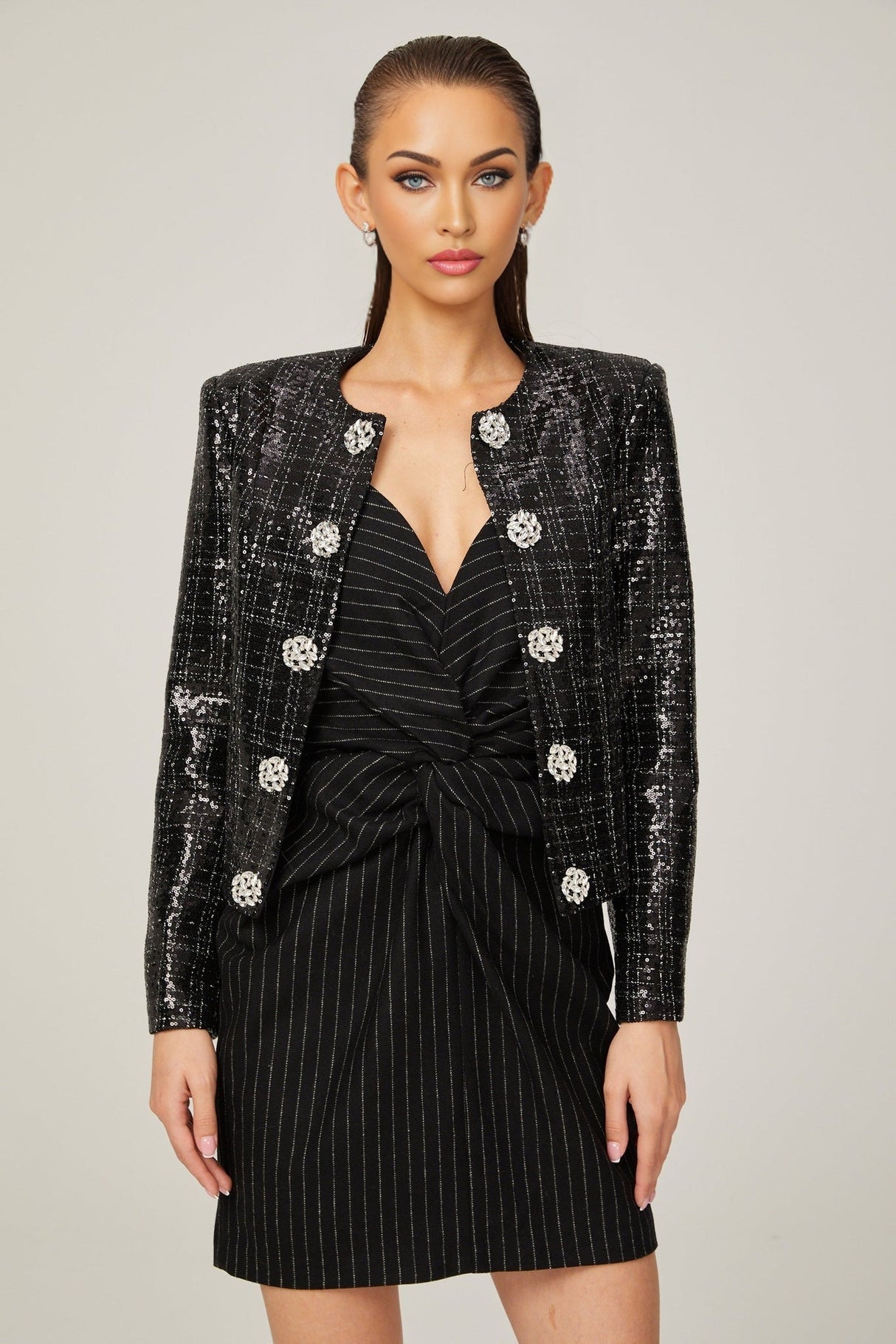 Annunziata Jacket - Round Neck - Sequin & Crystal Embellishment - Buttoned Cuffs