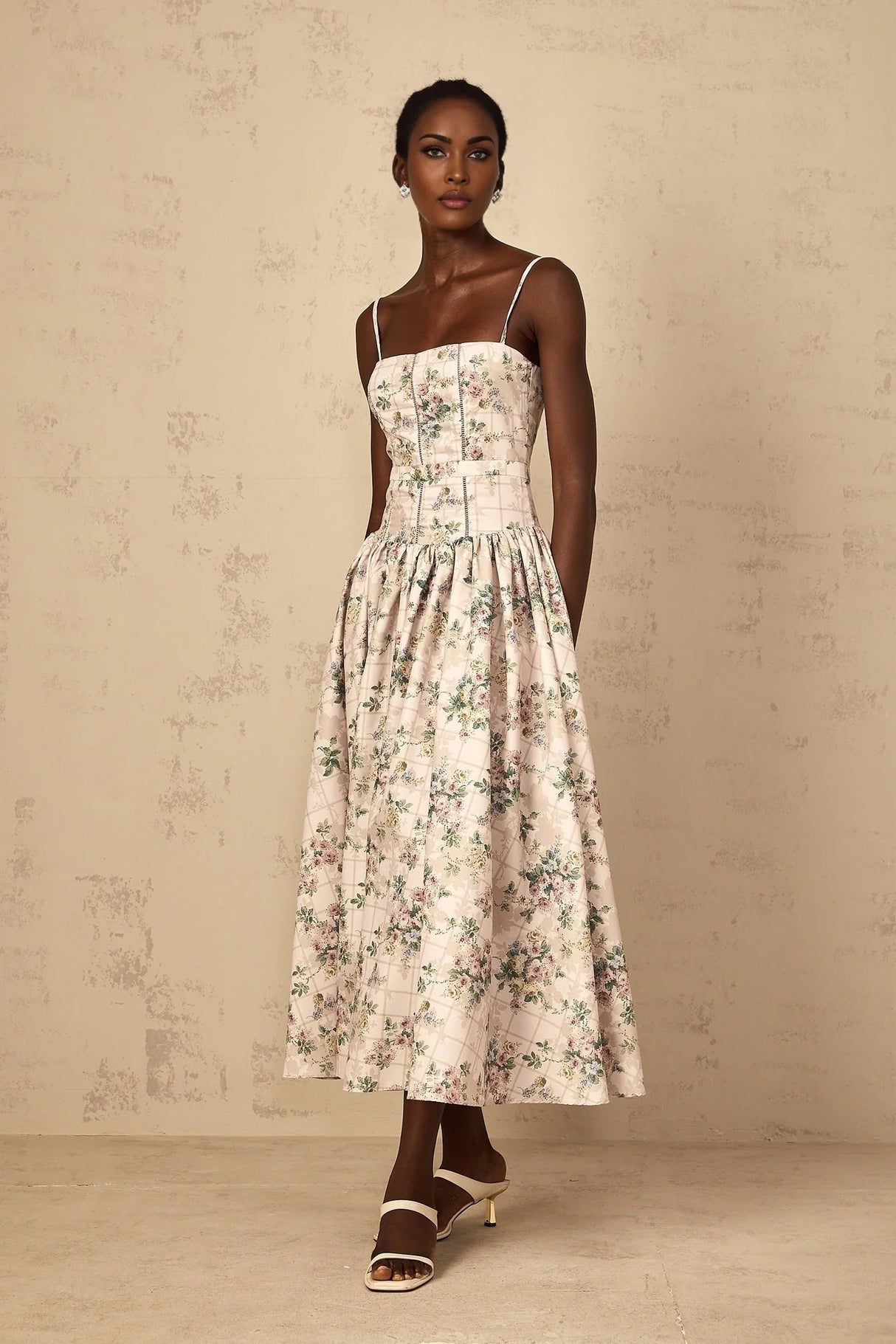 Annunziata Midi Dress Neutral Floral Print Adjustable Straps & Cinched Waist