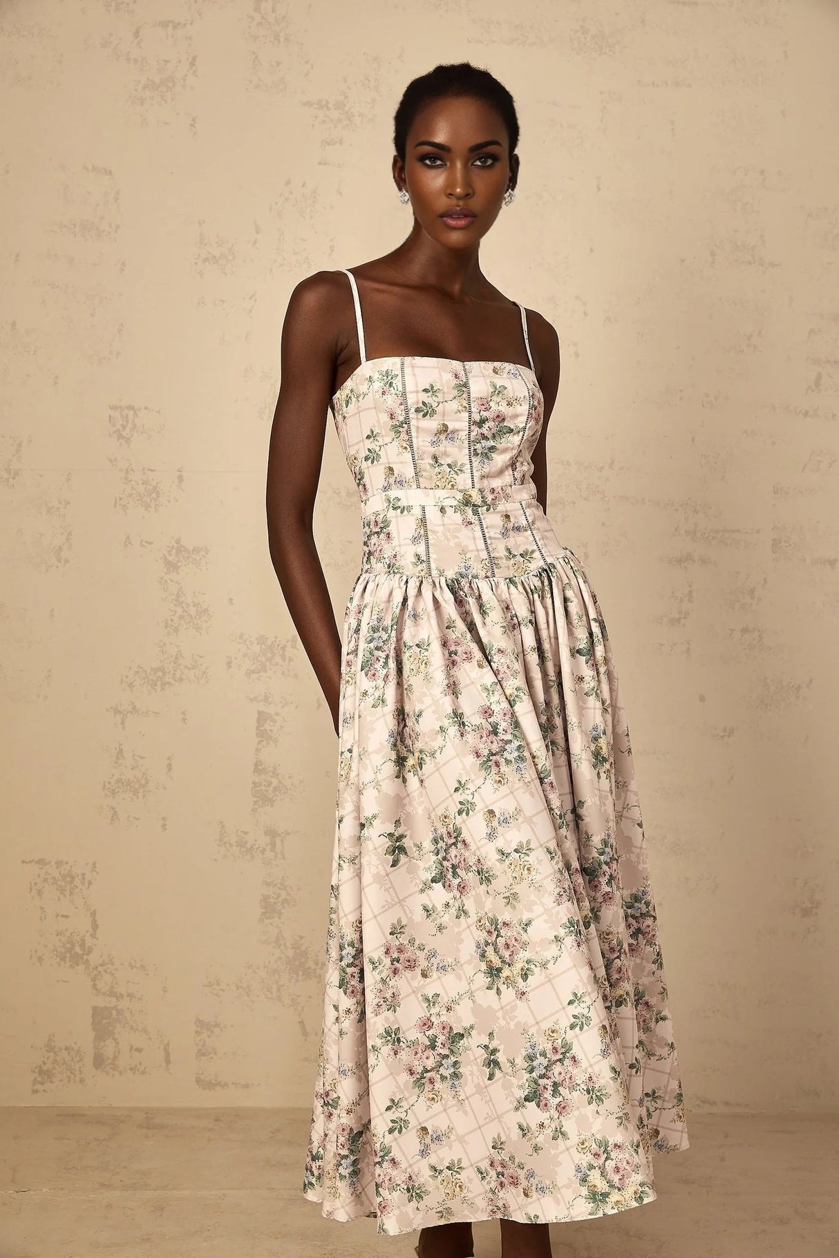 Annunziata Midi Dress Neutral Floral Print Adjustable Straps & Cinched Waist