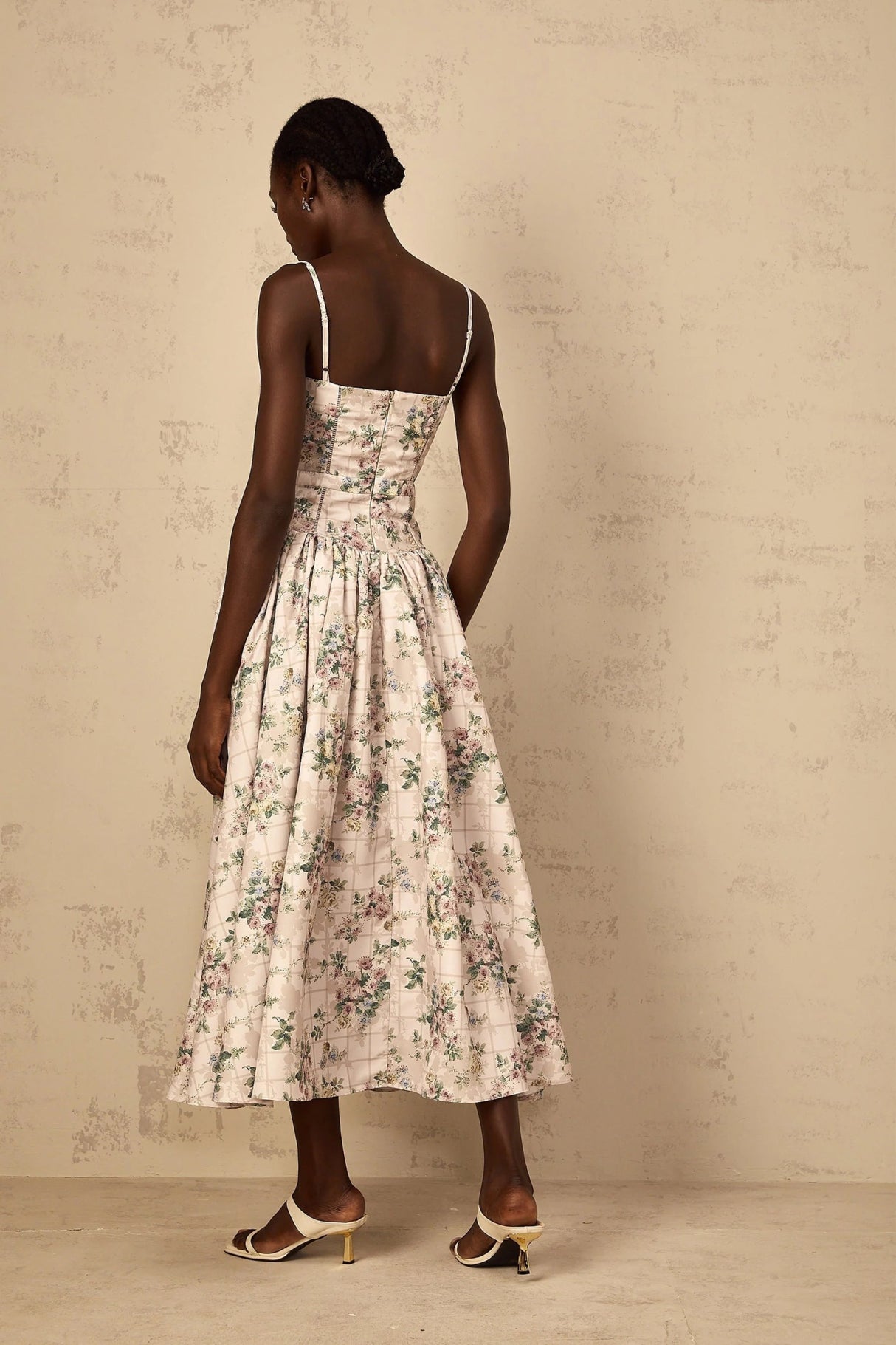 Annunziata Midi Dress Neutral Floral Print Adjustable Straps & Cinched Waist