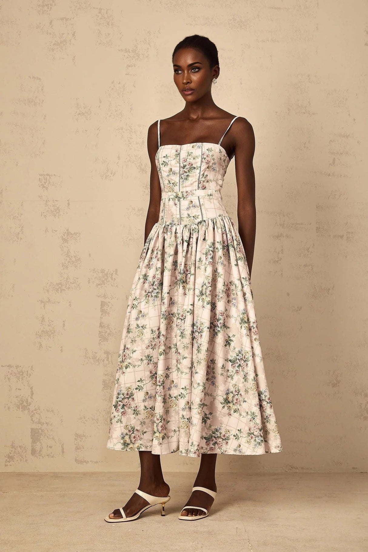 Annunziata Midi Dress Neutral Floral Print Adjustable Straps & Cinched Waist