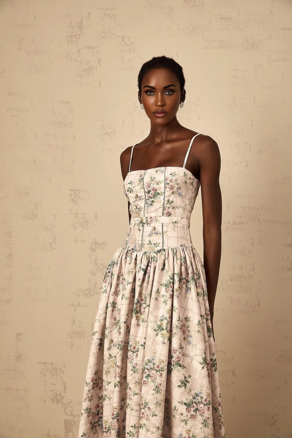 Annunziata Midi Dress Neutral Floral Print Adjustable Straps & Cinched Waist