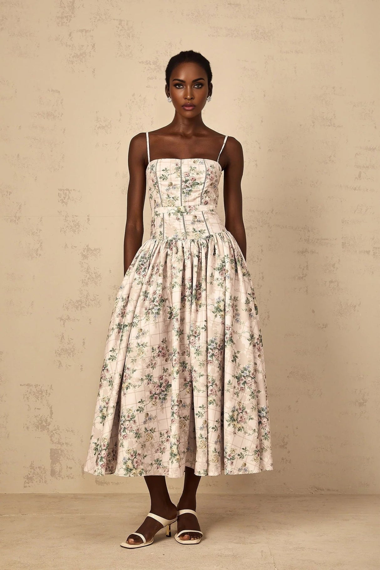 Annunziata Midi Dress Neutral Floral Print Adjustable Straps & Cinched Waist