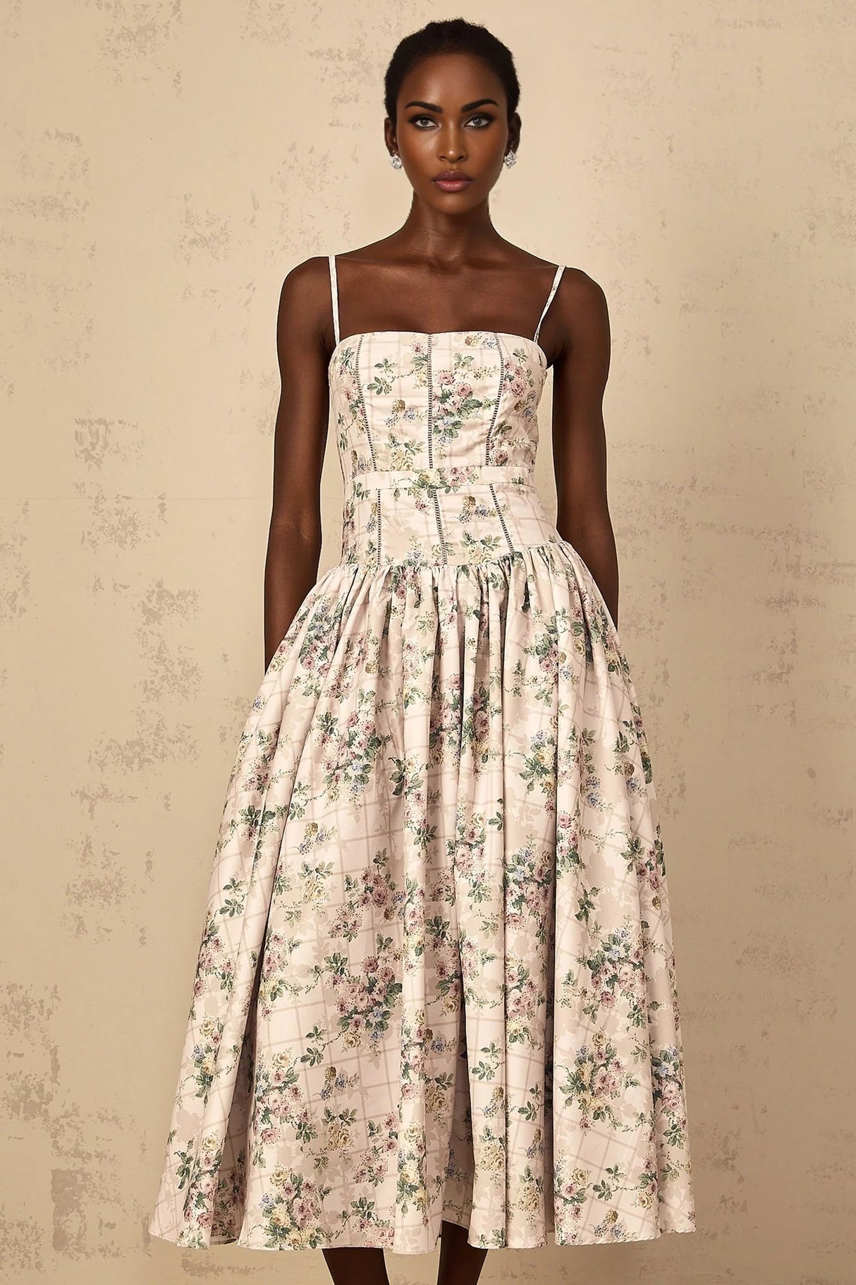 Annunziata Midi Dress Neutral Floral Print Adjustable Straps & Cinched Waist