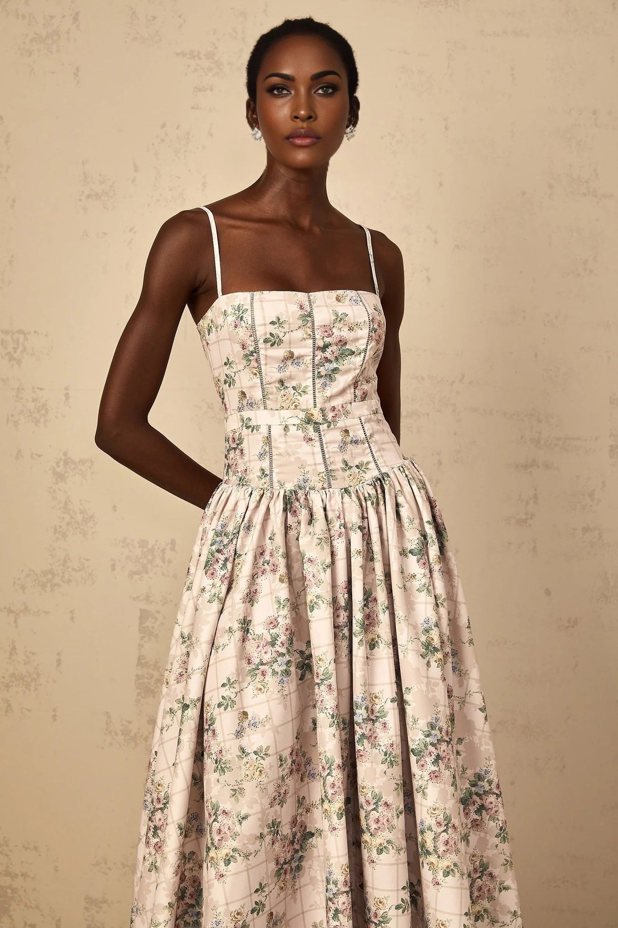 Annunziata Midi Dress Neutral Floral Print Adjustable Straps & Cinched Waist