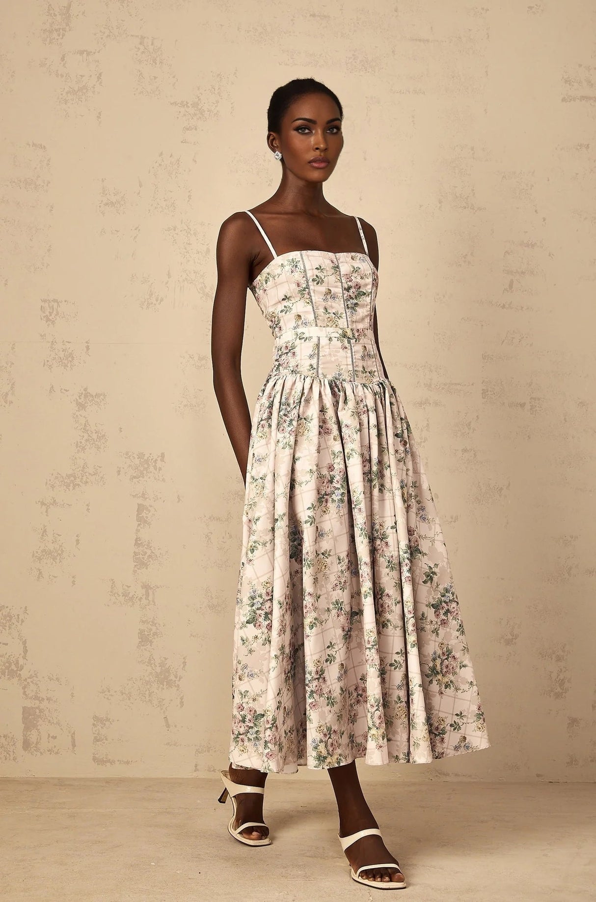 Annunziata Midi Dress Neutral Floral Print Adjustable Straps & Cinched Waist