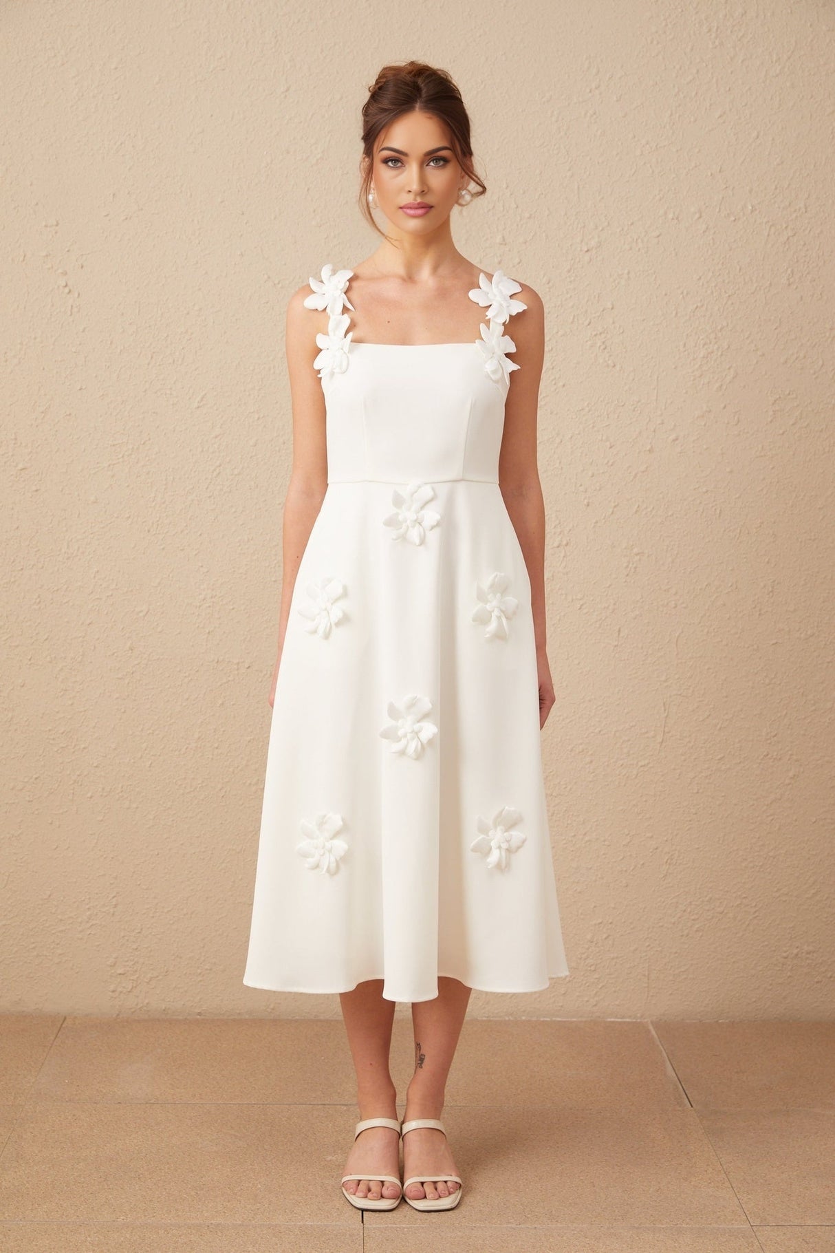 Annunziata Midi Dress - Sleeveless Square Neck Design - Faux Flower Pattern - Rear Zip Fastening - Partially Lined