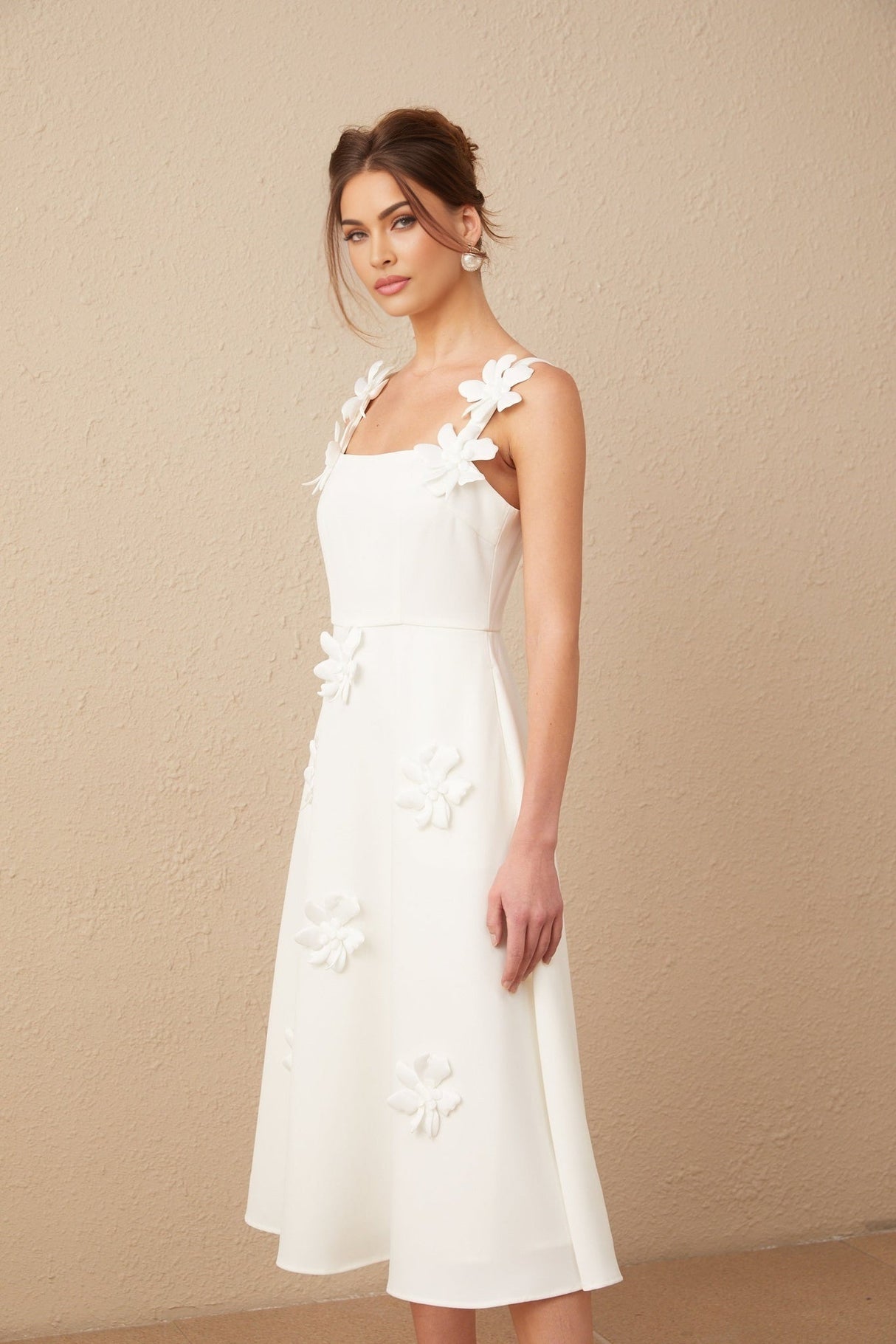 Annunziata Midi Dress - Sleeveless Square Neck Design - Faux Flower Pattern - Rear Zip Fastening - Partially Lined